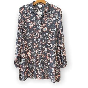 J. Jill XS NWT Sheer Black Floral Button Rayon Flowy Relaxed Tunic